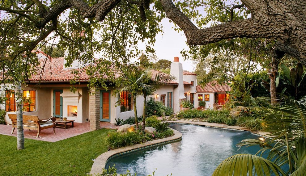 Wrought Iron Patio Furniture Southwestern Pool with Green Doors