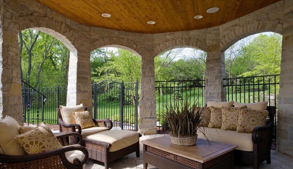 Wrought Iron Patio Furniture Traditional Porch with Stone Column