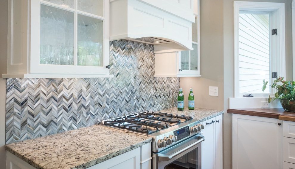 Yeager Flooring Transitional Kitchen with Chevron Backsplash