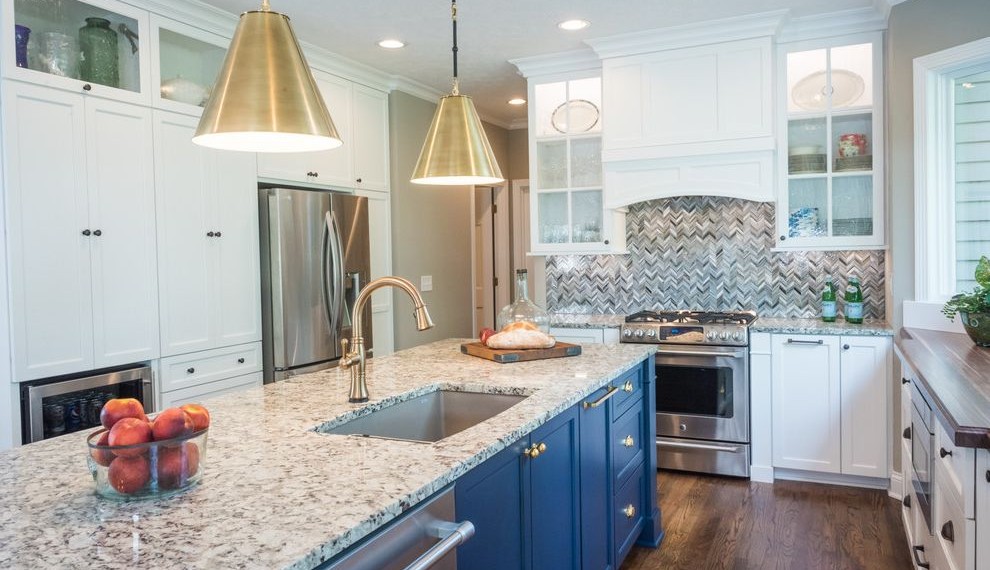 Yeager Flooring Transitional Kitchen with Hanging Shade
